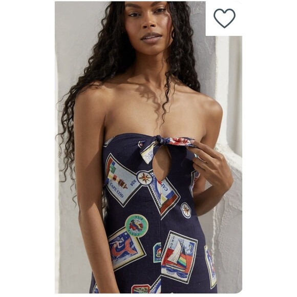 Anthropologie Celandine Linen Blend Strapless Jumpsuit Sz Lg Navy Blue - Picture 3 of 9